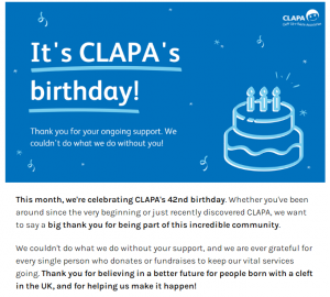 A screenshot of a dark blue graphic reading 'It's CLAPA's Birthday!' next to a turquoise icon of a birthday cake.
