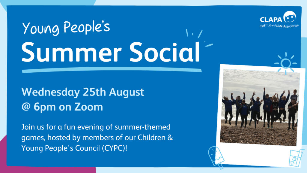 : On a dark blue background with a pale blue, turquoise and pink border is white text reading 'Young People's Summer Social'. Pale blue text below reads 'Wednesday 25th August @6pm on Zoom', and 'Join us for a fun evening of summer-themed games, hosted by members of our Children & Young People's Council (CYPC)!' Next to the text is a polaroid photo of a group of young people jumping at a beach