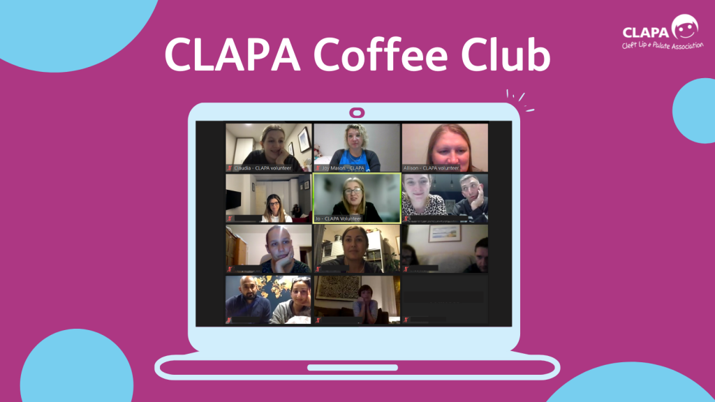 A dark pink background with turquoise circles and a graphic of a laptop with a screenshot of a Zoom screen showing parents and carers talking on Zoom. White text reads 'CLAPA Coffee Club'