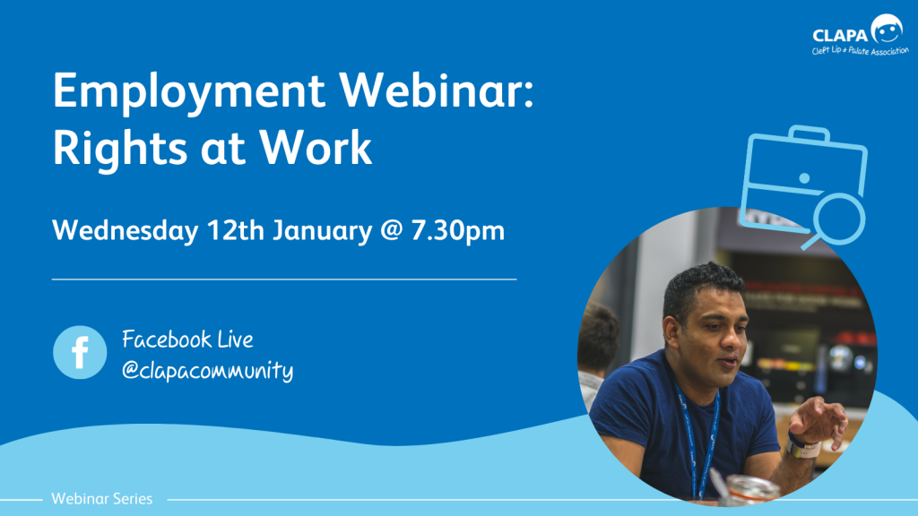 A dark blue background with a turquoise wave and text reading 'Employment Webinar: Rights at Work', 'Wednesday 12th January at 7.30pm' next to a circular photo of a man talking.