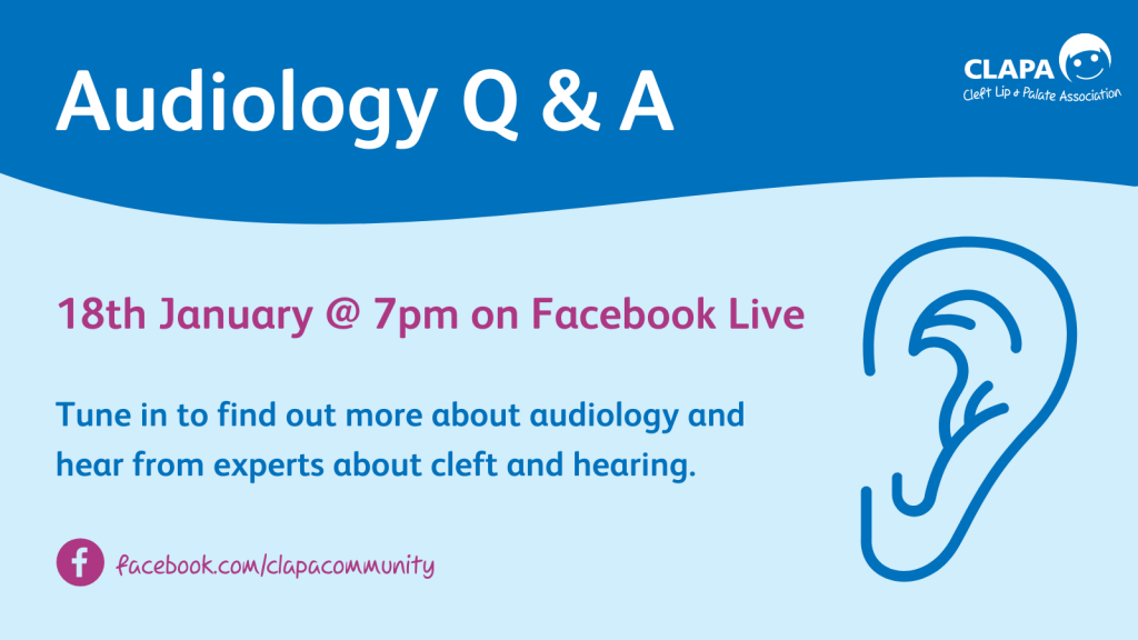 A pale blue background with a dark blue wave and white text reading 'Audiology Q & A'. Below text reads '18th January @ 7pm on Zoom' next to an icon of an ear