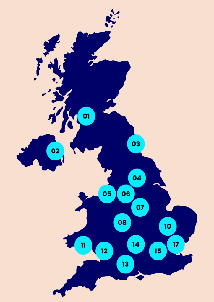 A map of the United Kingdom with numbers corresponding to the locations of NHS Cleft Teams.